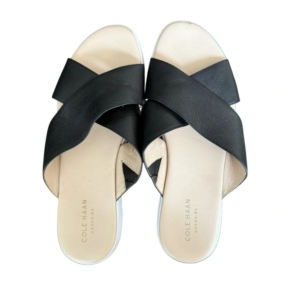 Cole Haan Women's Grand.OS Criss Cross Black Leather Slide Sandals 8.5